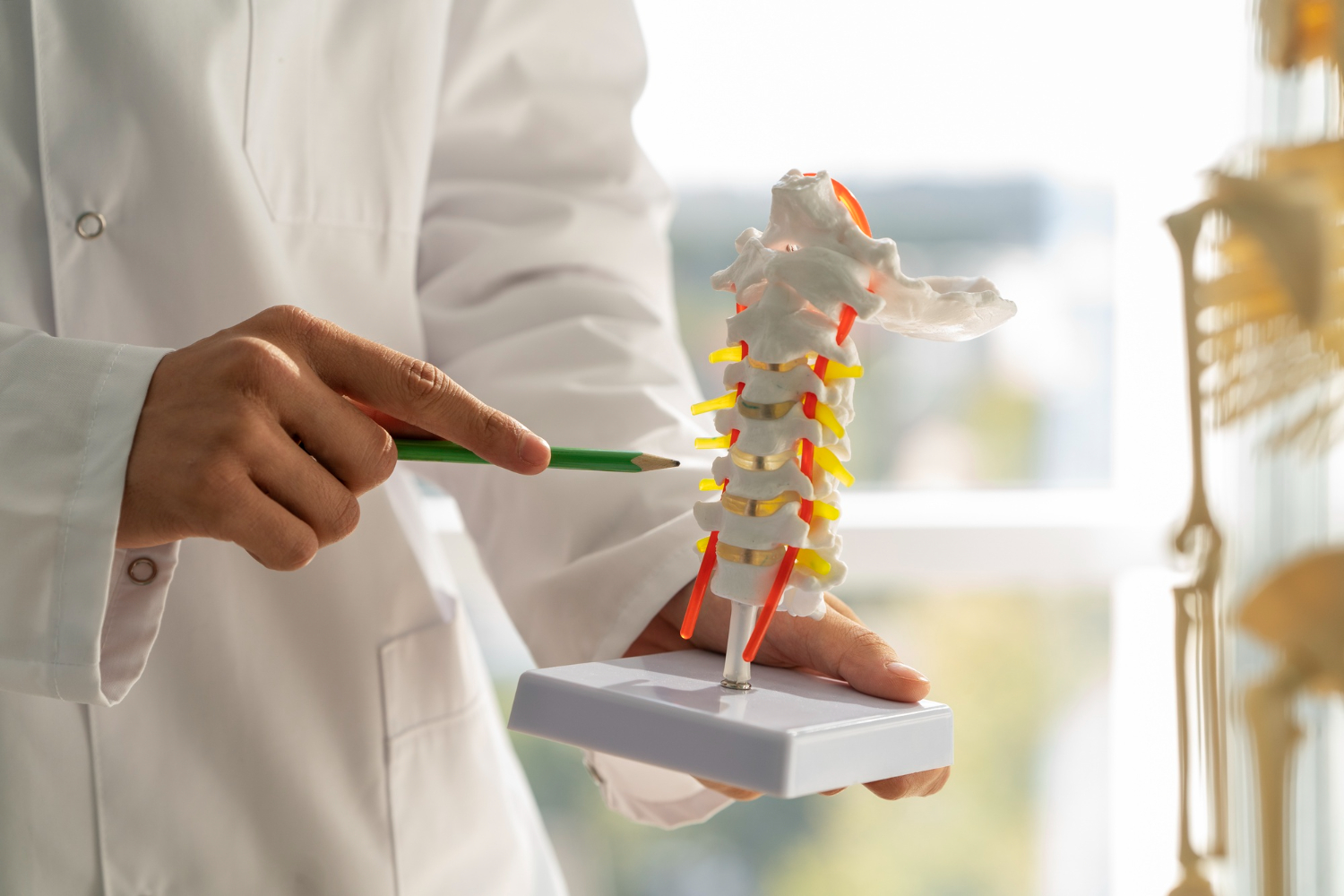 imagem das mão de um médico com moldura de parte da coluna vertebral apontando com a caneta onde dá a hérnia de disco extrusa